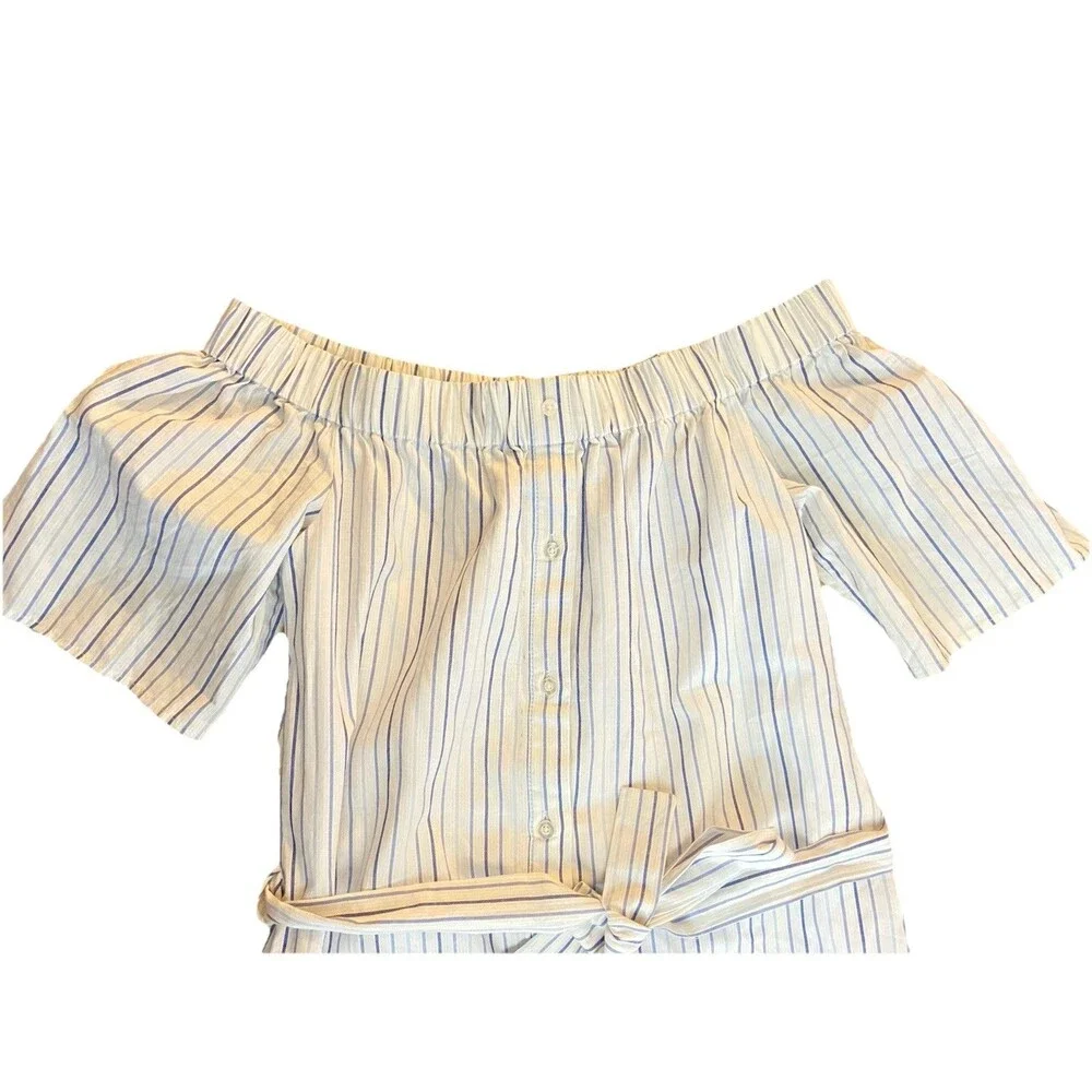Charles Henry XS Off Shoulder Midi Dress White Blue‎ Stripe Belted Cotton Lined